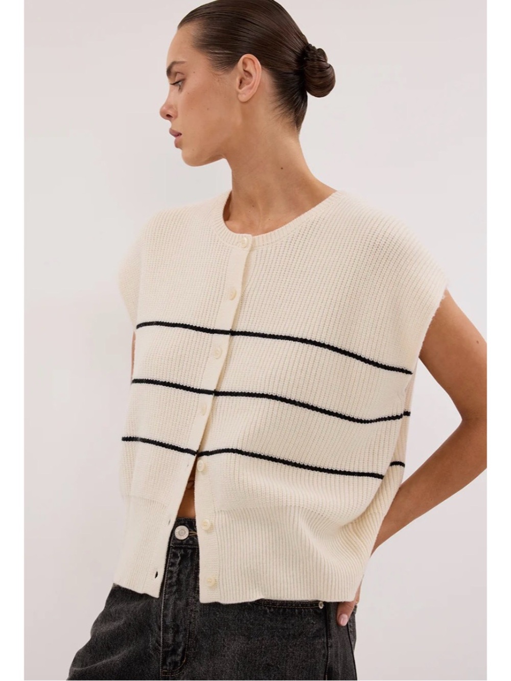 Cream Knit Button-Front Sweater Vest with Black Stripes
